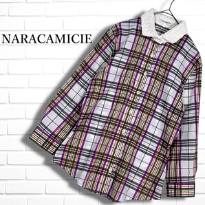 ◆良品◆ NARACAMICIE ナラカミーチェ 襟レース ストレッチ 長袖 チェック シャツ ブラウス レディース 1 M ◆送料無料◆ 0755G□