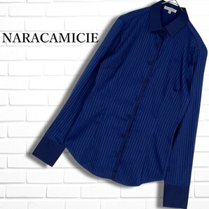 ◆美品◆ NARACAMICIE ナラカミーチェ ロゴ 刺繍 ストレッチ 長袖 シャツ ブラウス 紺 ネイビー レディース 1 M ◆送料無料◆ 0615G□