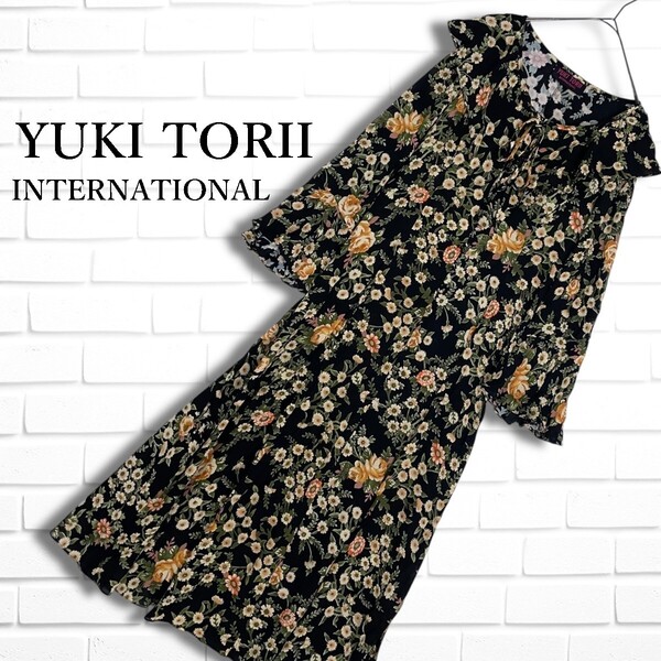 ◆美品◆ YUKI TORII ユキトリイ レトロ 花柄 フラワー 総柄 長袖 ロング マキシ ワンピース 黒 ブラック レディース 9 ◆日本製◆ 0835G◎