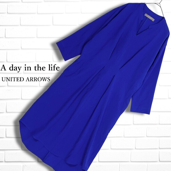 ◆美品◆ A day in the life UNITED ARROWS ユナイテッドアローズ 軽やか♪ ゆったり♪ 長袖 ロング ワンピース 青 レディース F 3345G◎