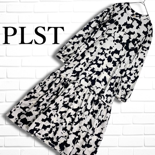 ◆良品◆ PLST プラステ 総柄 ストレッチ 長袖 ロング ワンピース 白 × 黒 ホワイト ブラック レディース ◆送料無料◆ 3645G□