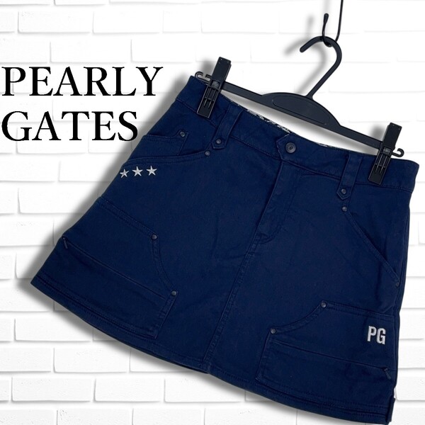 良品◆ PEARLY GATES パーリーゲイツ ゴルフ ウェア ロゴ 刺繍 プリント ストレッチ スカート 紺 ネイビー レディース 1 送料無料 3535G□