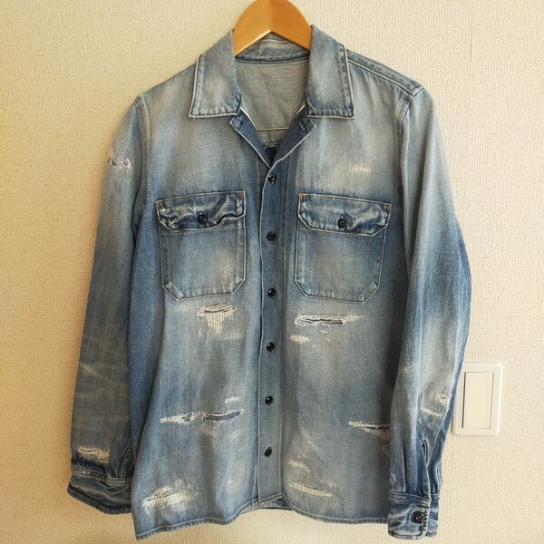 Ron Herman ロンハーマン RHC e Denim EDRH-17SS-004 ダメージ リペア デニム シャツ ニイヨンイチ M インディゴブルー