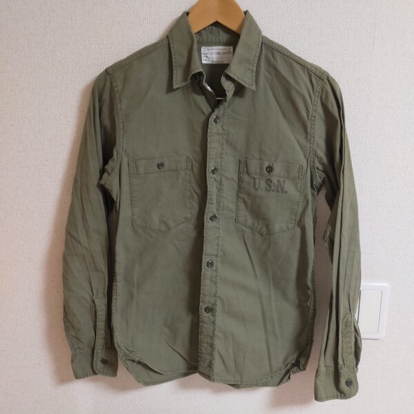 THE REAL McCOY'S リアルマッコイズ ミリタリーシャツ 長袖 U.S.N. NAVAL CLOTHING FACTORY XS~S相当 カーキ