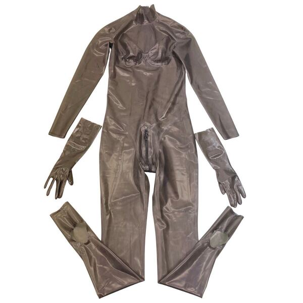 特注品 ラバーキャットスーツ ブラッククリア バストカップ付き グローブ付き ラテックス rubber latex コスプレ