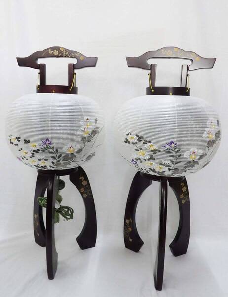 【展示品特価】盆提灯 京型紫檀なでしこ蒔絵 特10号 1対 現品特価 ワンタッチ式 盆ちょうちん