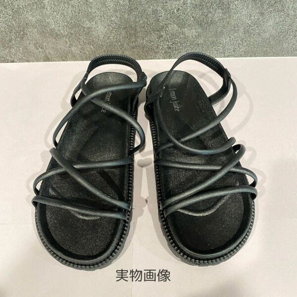 【23.5cm】新品 サンダル ナローストラップ ブラック 厚底 おしゃれ 韓国 フラット スポーツ スポーツサンダル 未使用