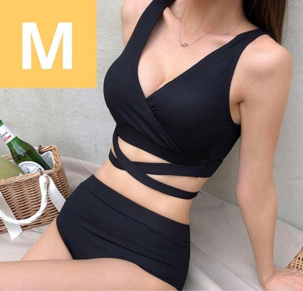 セクシー クロスデザイン 大人可愛いレディース水着 黒 セパレート水着 M