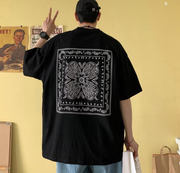 メンズビッグシルエット ペイズリー柄半袖 Tシャツ バックプリント黒Lサイズ