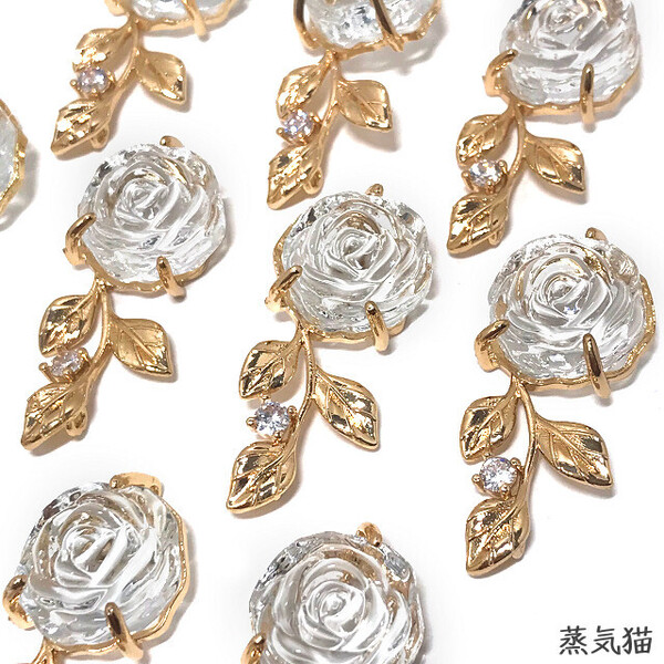 c2768【コネクター】薔薇の花ガラスチャーム クリア2個【バラ フラワー ピアス イヤリング ハンドメイド アクセサリー素材】蒸気猫パーツ
