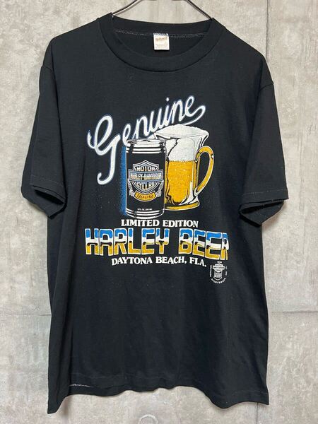 80s ヴィンテージ HARLEY DAVIDSON BEER 両面 Tシャツ L ハーレー ビール SPORTSWEAR メッセージ DAYTONA BEACH アメリカ製 ブラック