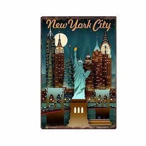 K252 新品●ブリキ看板 アメリカン雑貨 摩天楼 ニューヨーク 夜景 自由の女神 NEW YORK インテリア雑貨