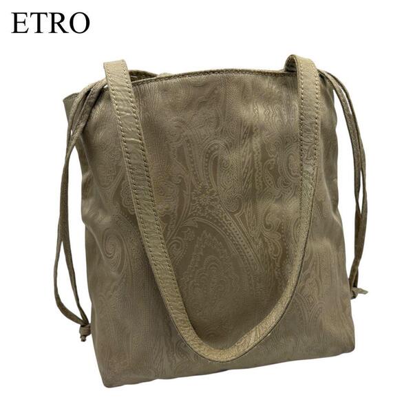 ETRO エトロ ペイズリー柄 ハンドバッグ ロゴ プレート 巾着 肩掛け 総柄 カジュアル きれい目 高級 トートバッグ ベージュ