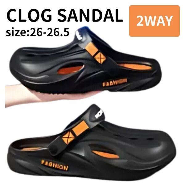 クロッグサンダル メンズ 2WAY スポーツサンダル ビーチサンダル スリッポン スリッパ 黒 オレンジ 26.0〜26.5㎝ 夏 軽量 通気性