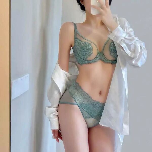 新品女性LグリーンAB80Cカップ上下二枚ブラジャー&ショーツセット補正下着盛りブラ花柄レース薄脇高盛れる谷間送料無料 上下セット
