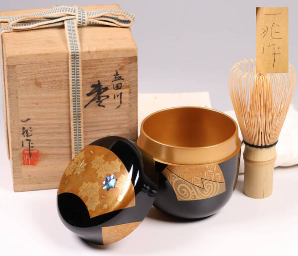 MA741 茶道具 輪島塗 一后一兆 立田川 大棗 金蒔絵 螺鈿細工 黒塗 内金地 扇面 紅葉 流水 共箱・共布・作歴 木製 漆芸 伝統工芸品