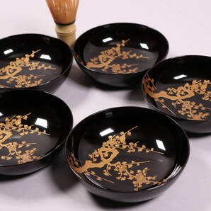 【CM232】漆芸 古い木皿 五客 梅 金蒔絵 黒塗 小皿 菓子皿 11.4cm 木製漆器 大正-昭和 / (検) 伝統工芸品 輪島加賀 花 天然木 茶懐石 宴席