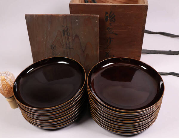 【MA727】時代木製漆器 金縁 黒塗銘々盆 十九客 菓子盆 菓子皿 木皿 天然木 布着 17.6cm / (検) 伝統工芸品漆芸 輪島能登京都加賀 茶懐石