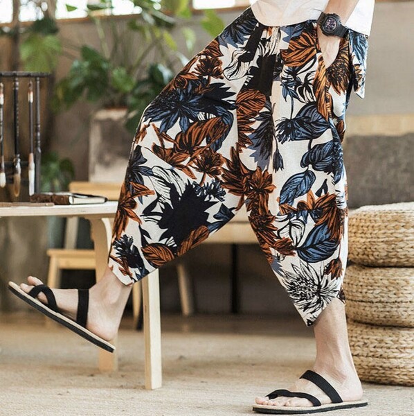 159 メンズ 花柄 サルエルパンツ 2XL ゆるだぼ 海 夏服 リゾート系 7分丈