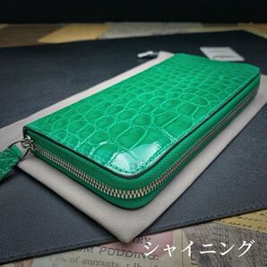シャイニング緑【実物撮影】新品 クロコダイル メンズ 長財布 ラウンドファスナー 綺麗革注目 送料無料 ワニ 鰐 腹革 未使用 小銭入れあり