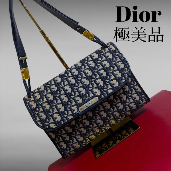極美品 Dior トロッター ハンドバッグ トートバッグ 肩掛け クリスチャン ディオール ネイビー ゴールド レディース バッグ ChristianDior