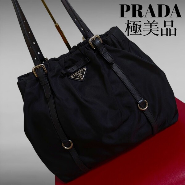 極美品 PRADA ギャザー リボン トートバッグ ナイロン ブラック レザー ハンドバッグ 肩掛け レディース バッグ 正規品 プラダ 美品