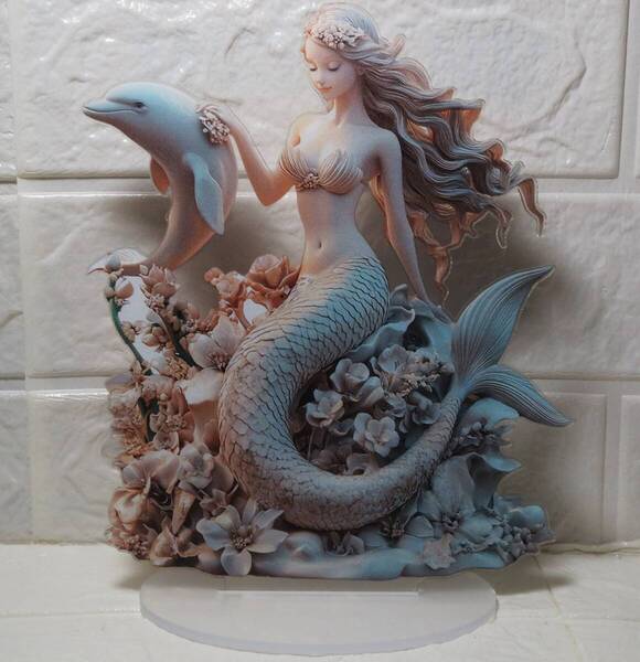 2D・人魚を守る白イルカ・立体描法のアクリルスタンド・出窓装飾・内から外から綺麗・サンキャッチャー・小型水槽のオブジェとしても