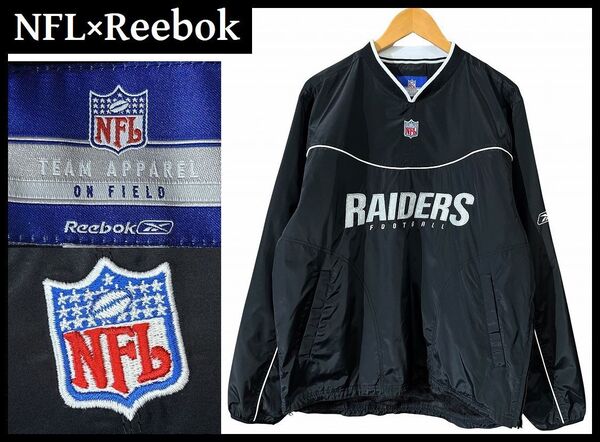送無 希少 00s 古着 Reebok リーボック NFL TEAM APPAREL RAIDERS レイダーズ Vネック ロゴ 刺繍 プルオーバー ジャケット ゲーム シャツ M