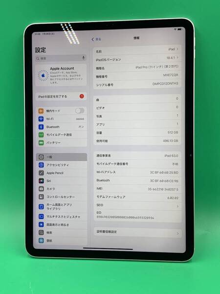 ★激安 iPad Pro 11インチ 第2世代 Wi-Fi+Cellular 512GB SIMフリー 最大容量86% KDDI ○ MXE72J/A シルバー 中古 新古品 GB0282 R2