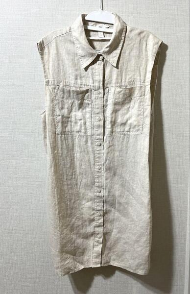 H&M エイチアンドエム ノースリーブ シャツ ワンピース リネン 麻 ベージュ S ノースリーブトップス ノースリーブ シャツワンピース 無地