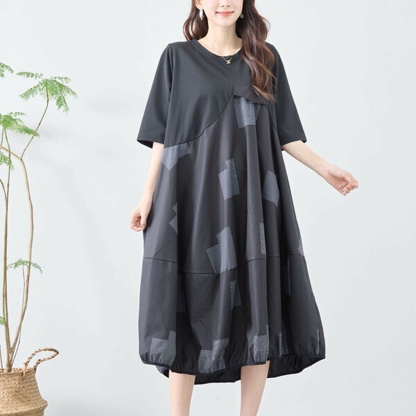 【新品】異素材切替 バルーンワンピース 黒 L〜LL ゆったり 体型カバー 大きいサイズ きれいめ 夏 C08-241C