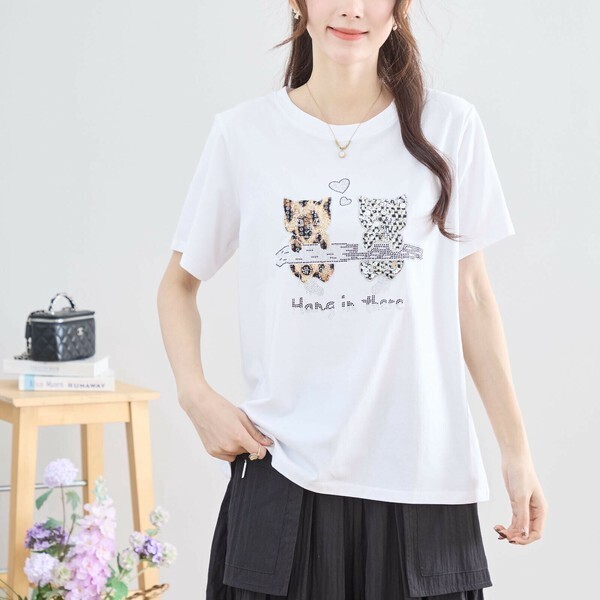 【新品】キラキラキャットTシャツ M〜L対応 綿95% 半袖 ゆったり 体型カバー 猫モチーフ TRUBE 夏 ホワイト