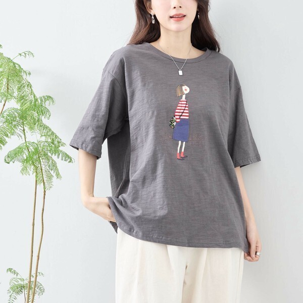 【新品】ガールズアップリケ Tシャツ チャコールグレー L〜LL 涼しい 夏カジュアル C01-460B