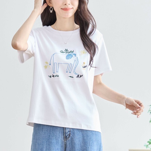 新品 ゾウ刺繍 Tシャツ M〜L 白 半袖 ストレッチ カットソー 可愛い 英字ロゴ フラワー柄 夏 ゆったりサイズ オシャレ N12-603