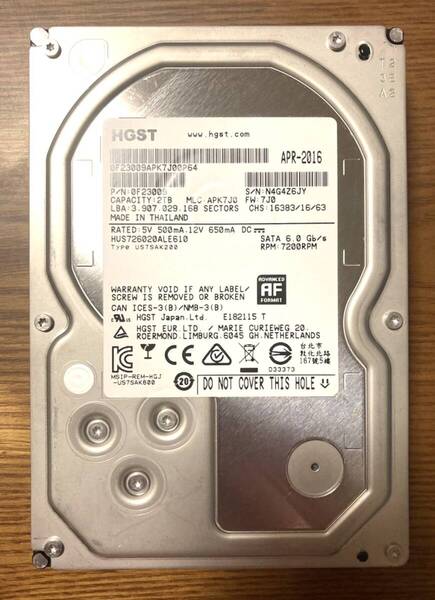 【状態◎】日立 Hitachi/HGST HUS726020ALE610 Ultrastar 7K6000 3.5インチ HDD 2TB(高耐久性と低消費電力を備えたモデル)