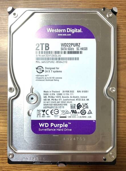 【状態◎】Western Digital ウェスタンデジタル WD Purple WD22PURZ 3.5インチ HDD 2TB(監視システム・ビデオ向け/使用時間:30時間未満)