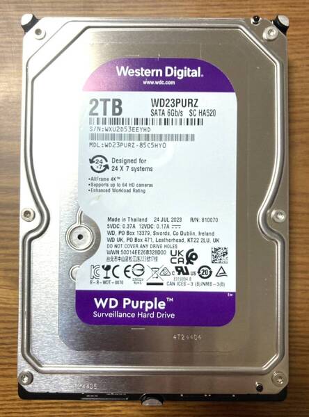 【状態◎】Western Digital ウェスタンデジタル WD Purple WD23PURZ 3.5インチ HDD 2TB(監視システム・ビデオ向け/使用時間:100時間未満)