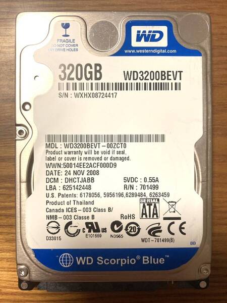 【使用時間:小】Western Digital ウェスタンデジタル WD Scorpio Blue WD3200BEVT 2.5インチ HDD 320GB 9.5mm厚(使用時間:200時間未満)