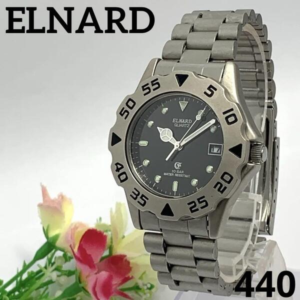 440 稼働品 ELNARD メンズ 腕時計 ブラック 蓄光 デイト 日付 回転ベゼル 新品電池交換済 クオーツ式 美品 人気 希少