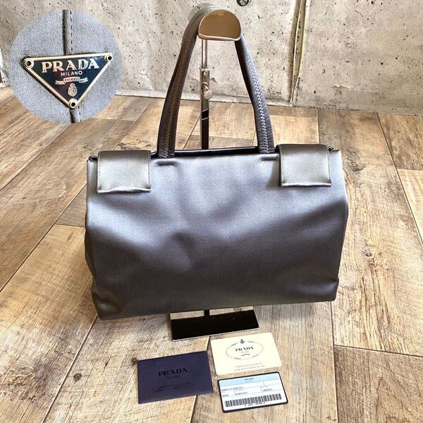 正規品☆PRADA プラダ サテンナイロン ハンドバッグ ミニトートバッグ グレー 三角ロゴ ビジネス バッグ オールド ヴィンテージ レディース