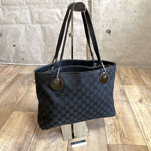 本物☆GUCCI グッチ ロゴ金具 GG柄 キャンバス レザー トートバッグ 黒 ハンドバッグ ショルダー ヴィンテージ オールド レディース メンズ