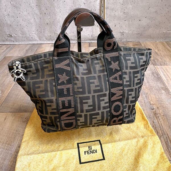本物☆FENDI フェンディ ロゴ ズッカ柄 キャンバス ミニハンドバッグ ミニトートバッグ カーキ ブラウン ヴィンテージ オールド レディース
