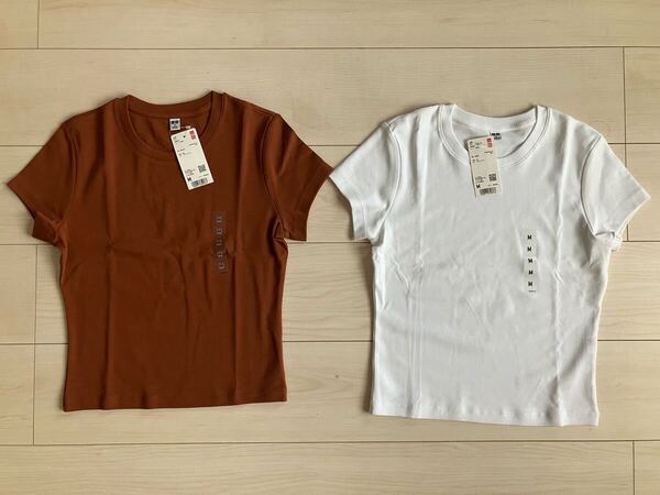 新品 ユニクロ ミニt クロップド丈 レディース M トップス 半袖 tシャツ 白 ホワイト 茶 ブラウン クルーネック