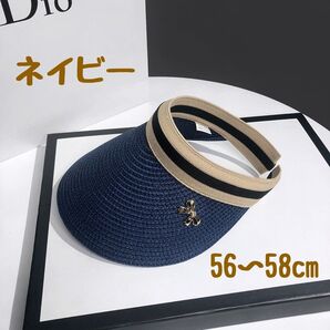 サンバイザー リボン 日除け帽子 つば広 ネイビー 麦わら帽子 帽子