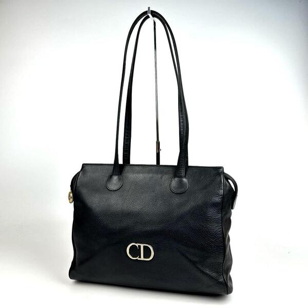 【美品】Christian Dior ディオール ワンショルダー 肩掛け CD金具 オーバル トートバッグ シボ革 レザー ブラック 黒色 男女兼用 A4収納可