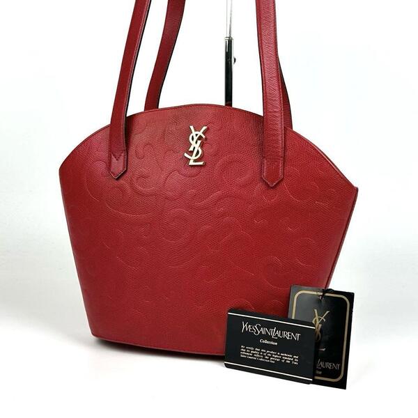 美品■Yves Saint Laurent イヴサンローラン ワンショルダー 肩掛け YSL カサンドラ 唐草模様 総柄 トートバッグ シボ革 レザー 赤 レッド
