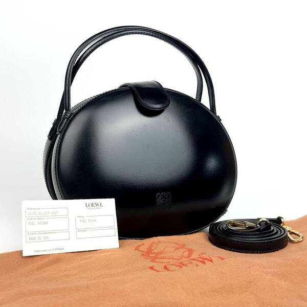 人気●LOEWE ロエベ ハンドバッグ 2way ショルダーバッグ アナグラム ラウンド がま口 斜め掛け カーフレザー 黒 ブラック フォーマル 男女