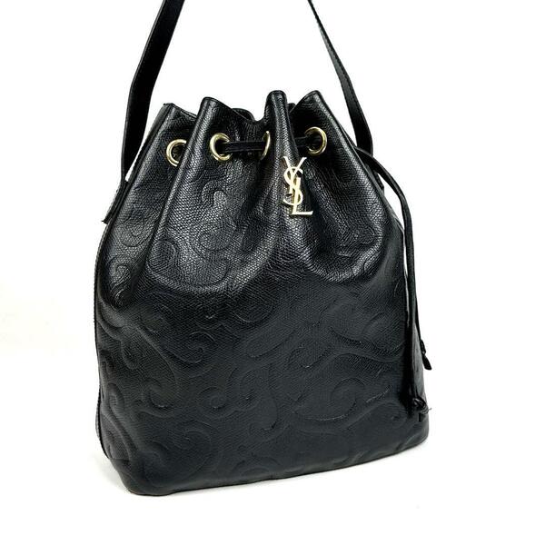 【美品】Yves Saint Laurent イヴサンローラン ショルダーバッグ YSL カサンドラ 唐草 総柄 巾着 斜め掛け レザー ブラック 黒 フォーマル