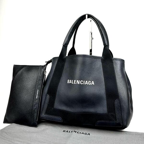美品■BALENCIAGA バレンシアガ トートバッグ エブリデイ S ネイビーカバス ハンドバッグ 肩掛け レザー 黒 ブラック 男女兼用 *ポーチ付