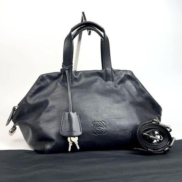 美品●LOEWE ロエベ ハンドバッグ 2way オリガミ クボ アナグラム ショルダーバッグ 肩掛け レザー 黒色 ブラック フォーマル 男女兼用